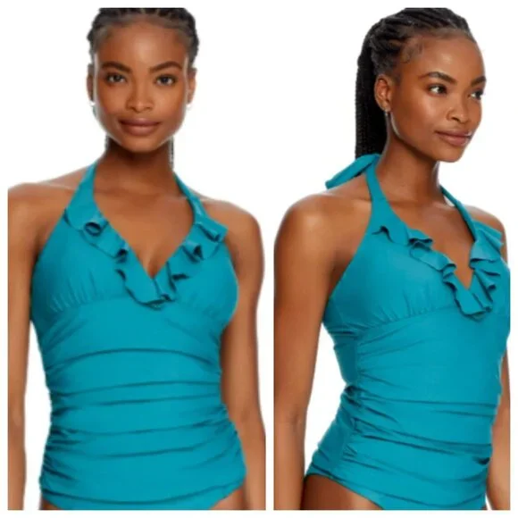 Birdsong Size 34G Teal Blue Ruffle Halter Underwire Tankini Swim Top Ruched - Picture 3 of 11